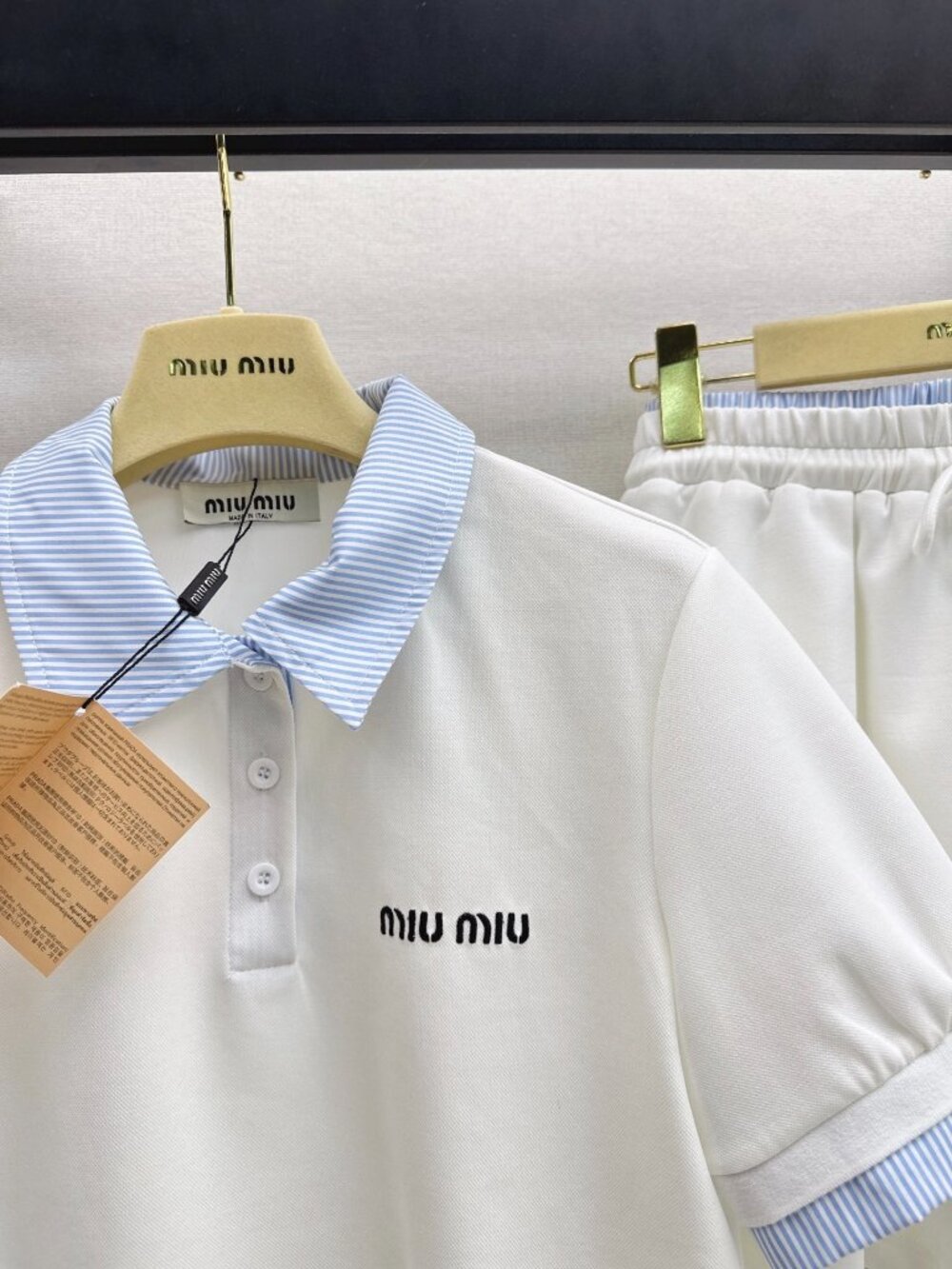 Miu Miu 2‑Piece Set Striped Collar Polo Top & Drawstring Skort White Blue M - Picture 6 of 9